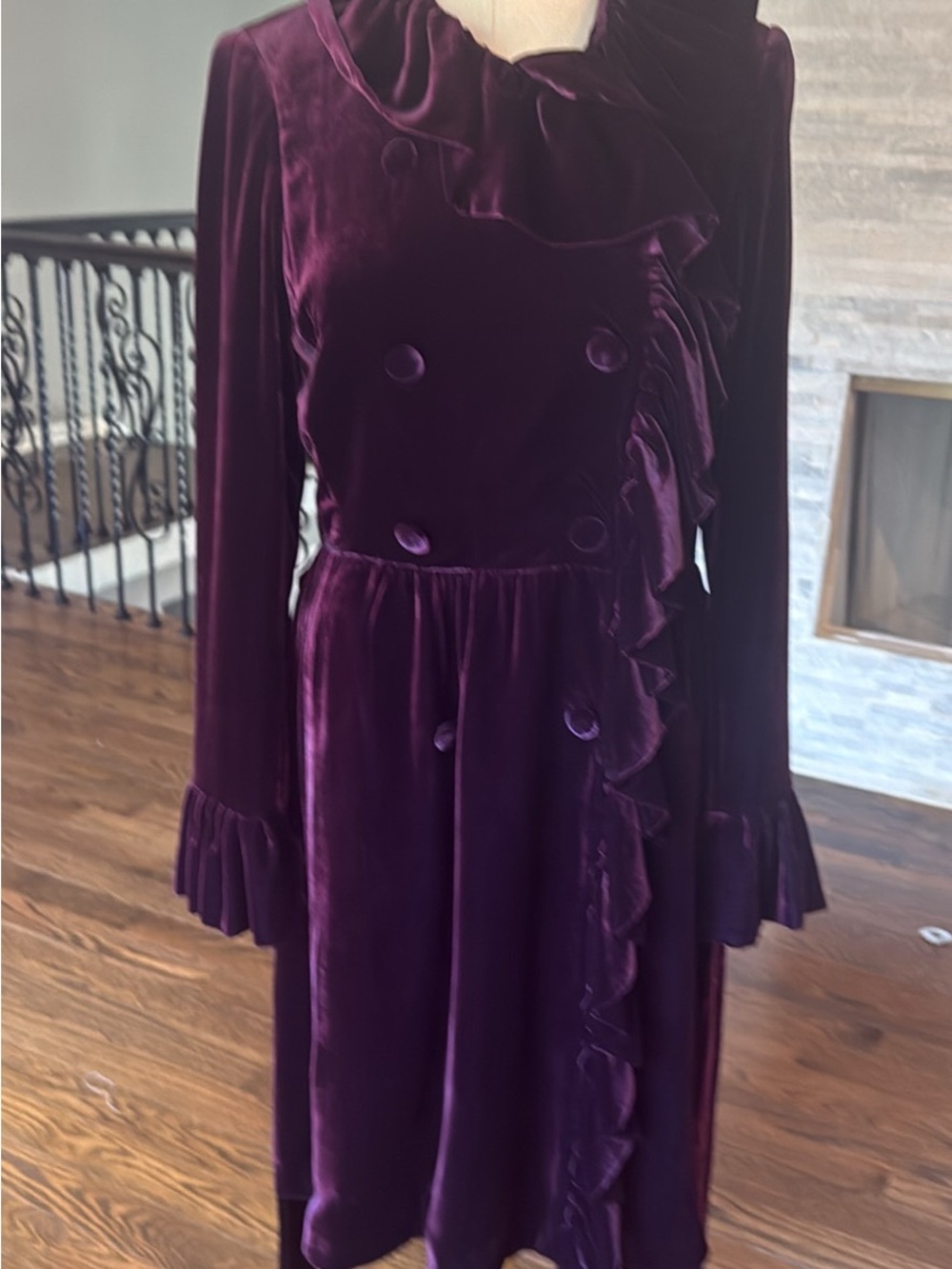 Women's Velvet Ruffle Double-Breasted Dress in Deep Plum